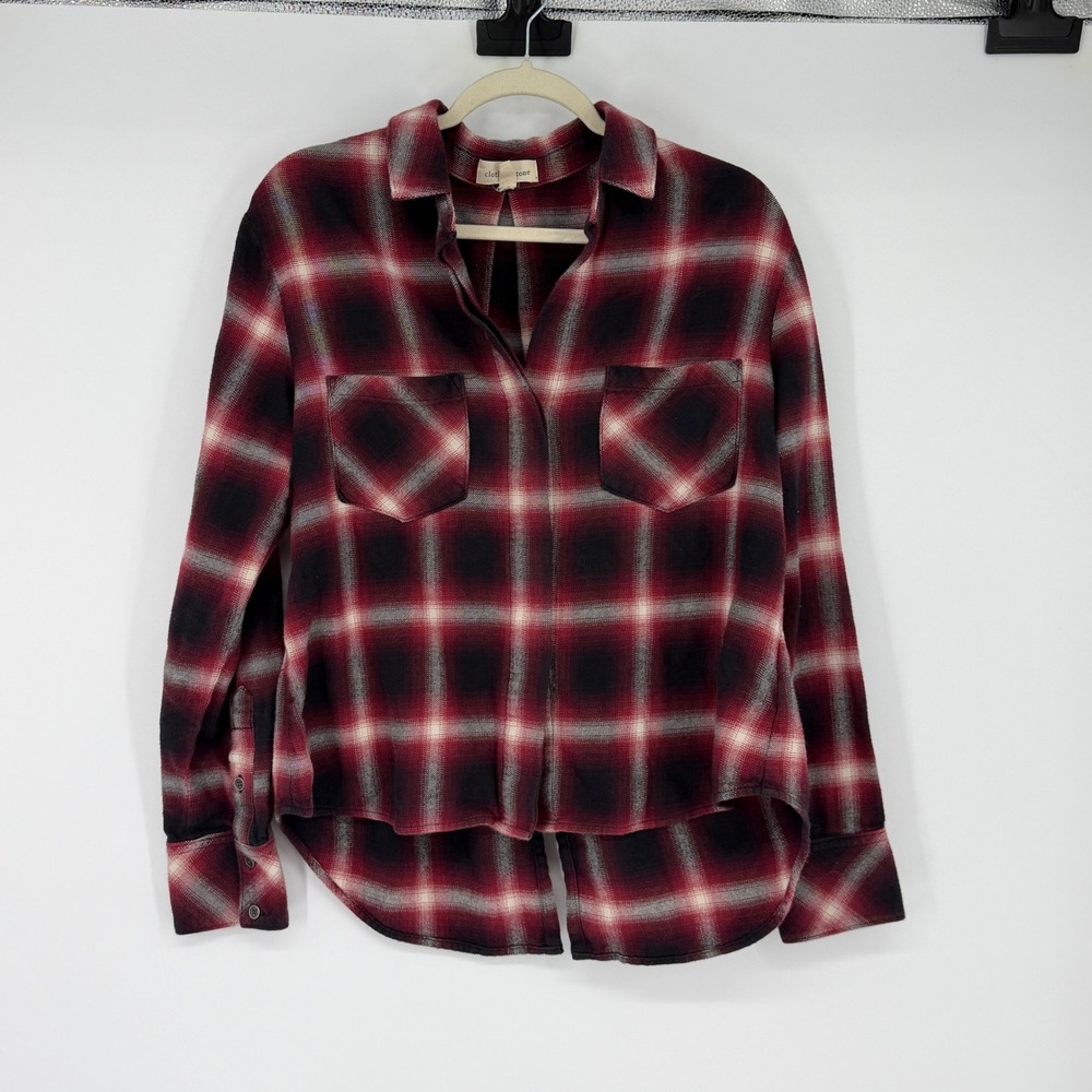 Cloth‎ & Stone Red Black Plaid Flannel Button Down Shirt High Low Hem Medium